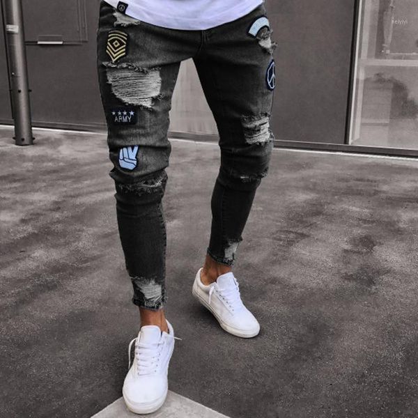 

men's jeans men stretchy ripped skinny moto biker embroidery print mens destroyed frayed trousers slim fit denim scratched d301, Blue