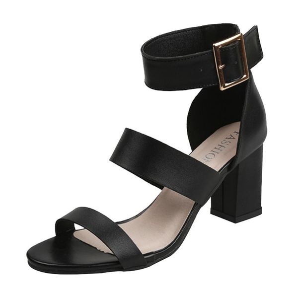 

sandals women summer solida color open-toe thick square high heels wedding party shoes belt buckle casual 2021, Black