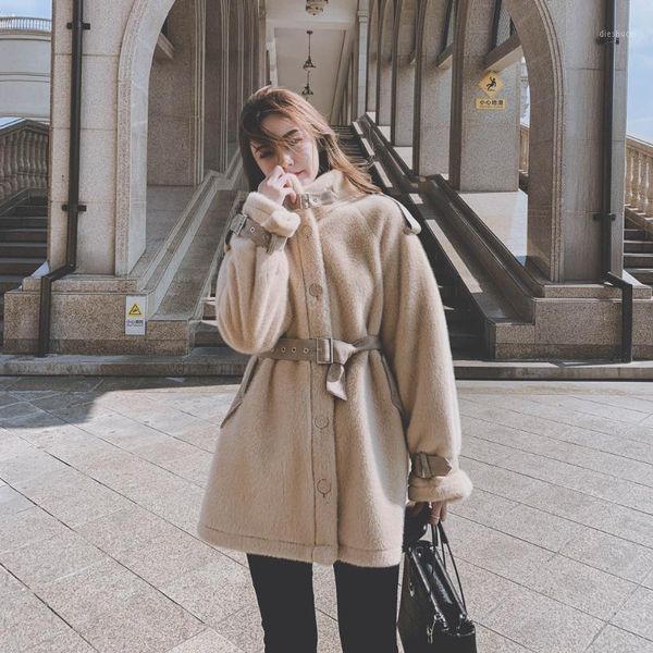 

real sshort woolen overcoat women 2021 new korean loose and versatile small waist lace up woolen jacket1, Black