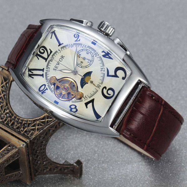 

mechanical tourbillon sewor wine high square grade barrel belt men's watch 20213yr6, Slivery;brown