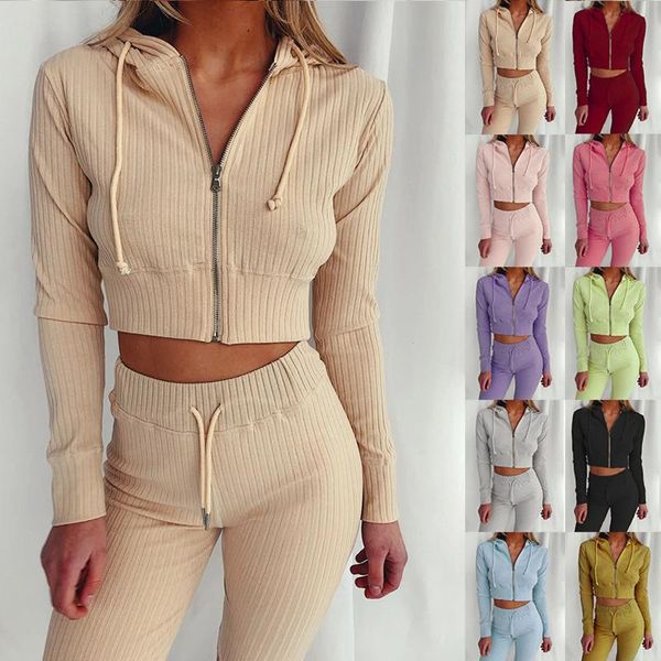 

women autumn winter tracksuit women's hooded sweatshirt and pants casual zipper solid color sweater long sleeves suit, Gray