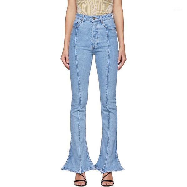 

ewq] 2020 casual fashion tide slim denim trouser women tunic high waist long flare pants for female fashion clothes autumn1, Blue