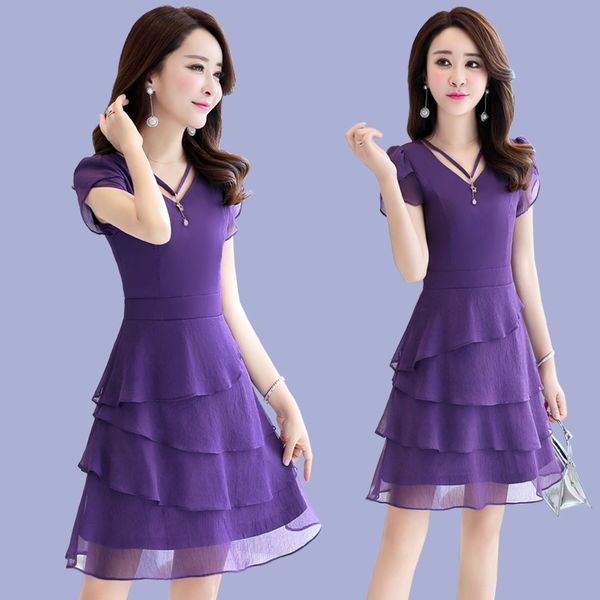 

chiffon summer short sleeve v-neck knee-length a-line waist thin solid color simple black pink purple cupcake coctail dress 9739 party