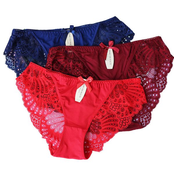 

3pcs/lot lace underwear women cotton briefs girls lingeries cueca calcinhas 6xl shorts underpants panty ladies plus size panties 201112, Black;pink