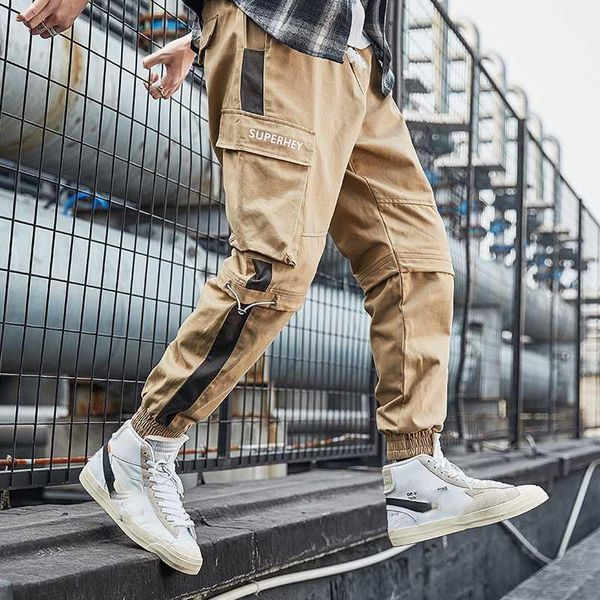 

2019 loose fit elastic waist cargo pants cotton street ankle banded pants large pockets casual fashion cargo1, Black