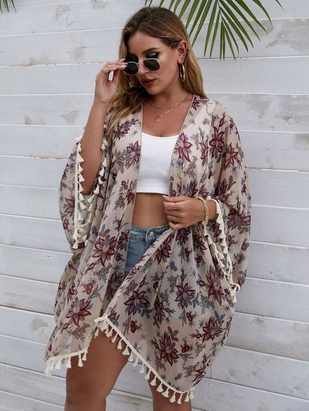 

plus floral print tassel trim kimono e9fw#, Black