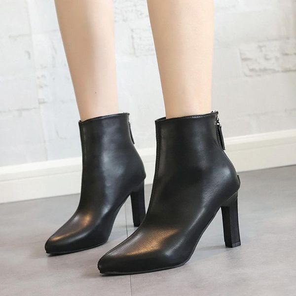 

rimocy back zipper pu leather ankle boots for women high heels pointed toe ladies shoes 2021 spring autumn fashion short boots, Black