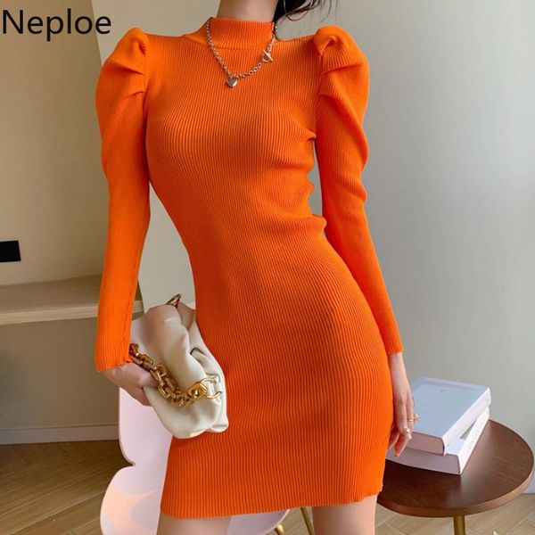 

neploe knitted woman dress sleeve slim fit half turtleneck vestidos temperament bodycon mini robe dresses women 4g398, Black;gray