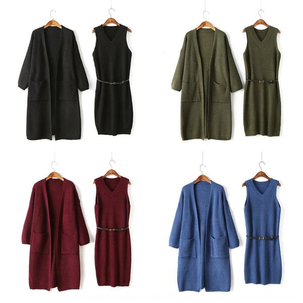 

осень и зима новый трикотажа женского coat knitwearlong трикотаж v-образный вырез кардиган два куска костюма тонкая мода универсального свит, White;black