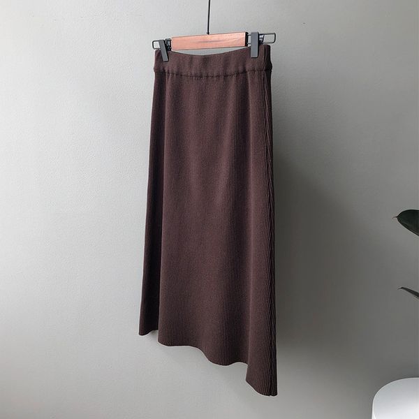 

2021 new high waist pure color autumn bodycon knitted a-line thick long women casual skirt jupe femme saia 0y0l, Black