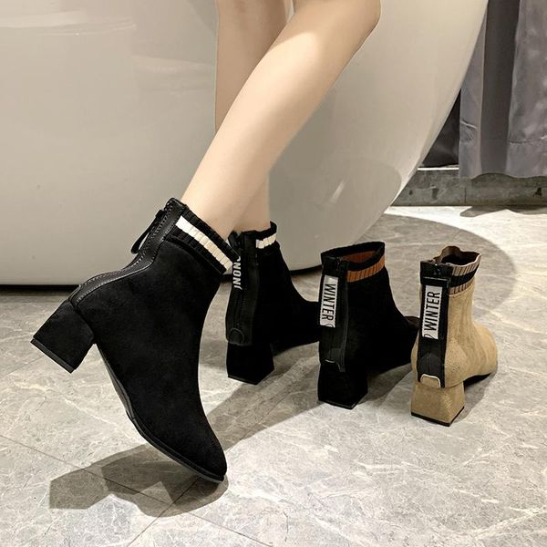 

white ankle boots booties ladies brand women's shoes boots-women zipper low med fashion high heel autumn rock 2020 rubber cow, Black