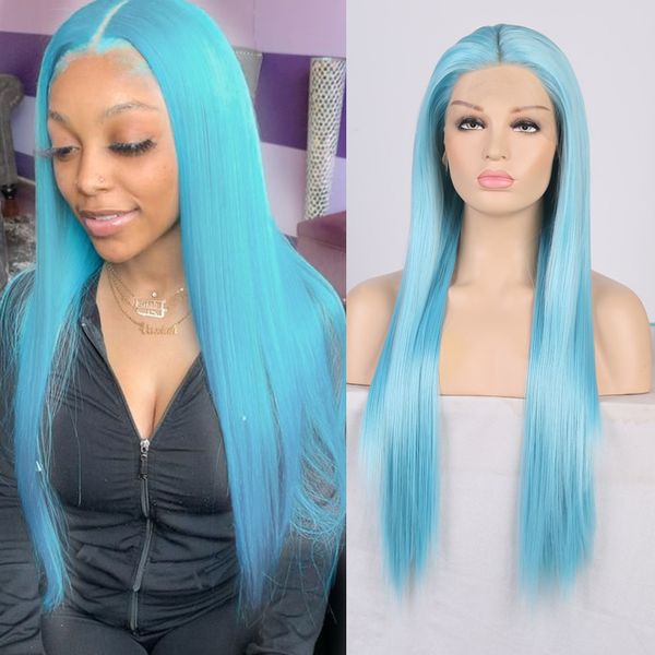 

charisma long silky straight hair blue wigs middle part synthetic lace front wig for women cosplay wig, Black;brown