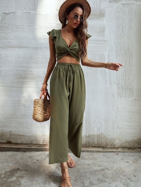 

ruffle trim twist with pants g02n#, White