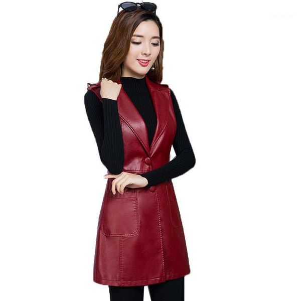 

spring faux leather vest womens long suit collar slim waistcoat plus size 3xl pu sleeveless vest woman elegant coat outerwear1, Black