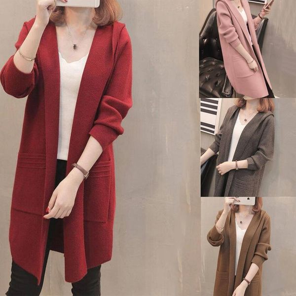 

женщины зимний длинный рукав с капюшоном кардиган открытый передний midi пальто сгущает куртку, Tan;black