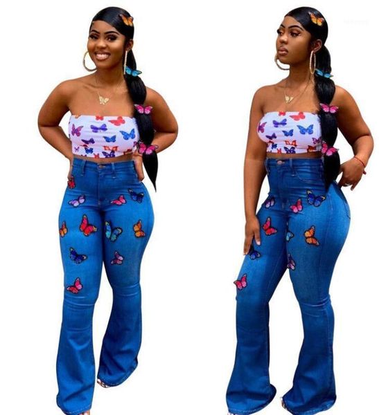 

16a3131 summer women button high butterfly embroidery flare pants jeans1, Blue