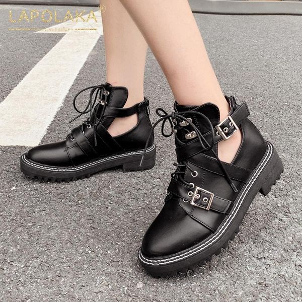 

lapolaka 2020 new arrivals comfortable rubber sole square heels shoes woman boots buckle decoration concise office boots ladies, Black