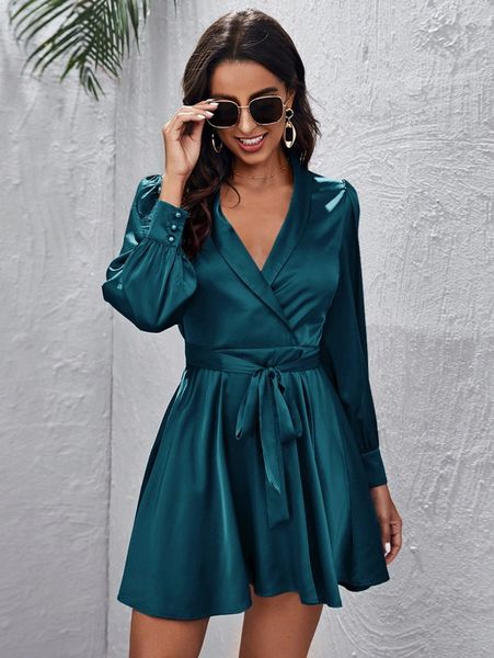 

shawl collar self belted satin dress 944r#, Black;gray