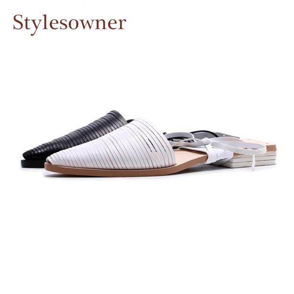 

new design genuine leather narrow band hollow out close toe women sandals cross tied two wear ffat casual slippers, Black