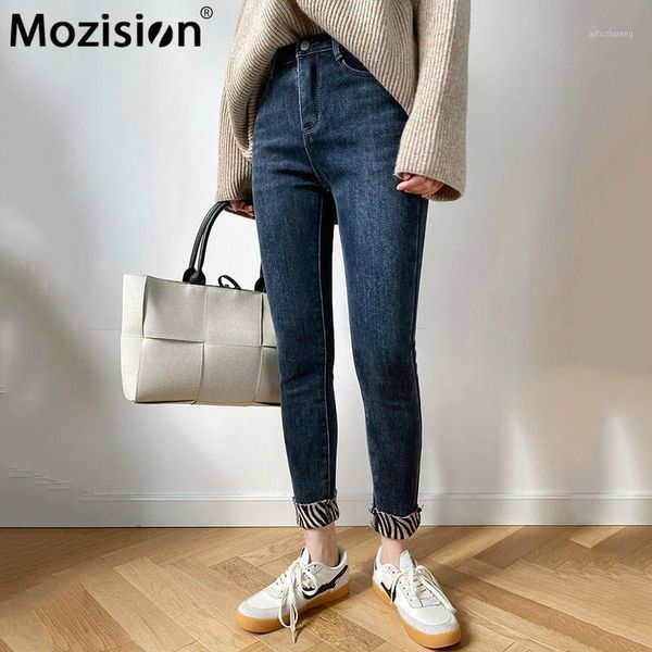 

mozision zebra print thick cashmere jeans women high waist skinny slim trousers ladies winter new vintage casual loose pants1, Blue