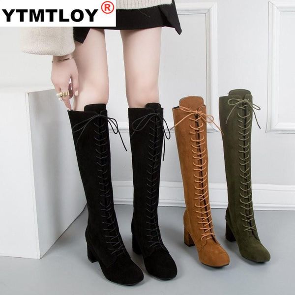 

women boots high boots over knee woman winter front lace-up ladies green autumn plus size 42 43 high heels, Black