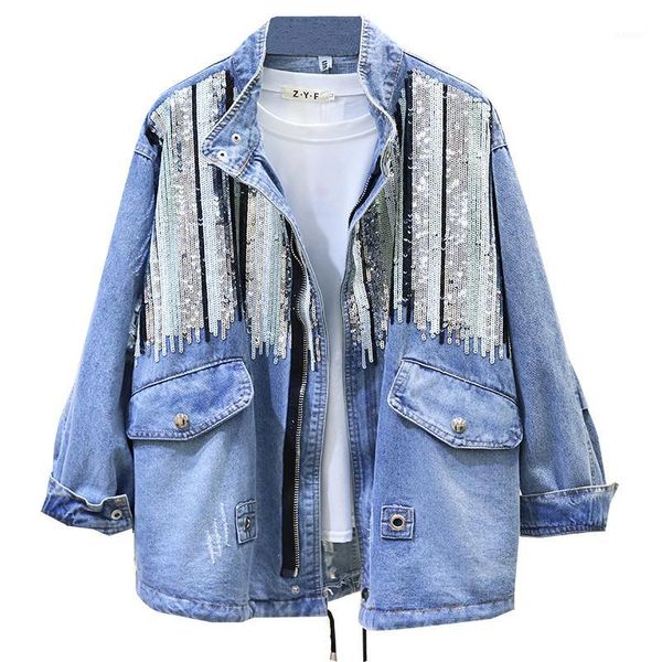 

2020 new sequins denim jacket women bomber jacket fashion long sleeves coats vintage hippie jeans colete feminino p3581, Black;brown
