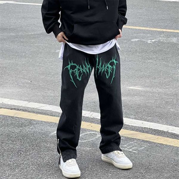 High Street Wash Bordado Hip Hop Black Jeans Masculino Solto Tubo Reto Americano Hiphop Side Zipper Calças de Chão 220118