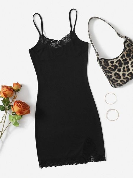 

petite contrast lace split hem cami bodycon dress w3cj#, Black;gray