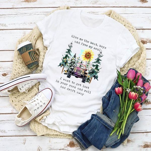 

happy camper vacay holiday t shirt women summer new fashion lovely cartoon flower and car print ladies short sleeve, White