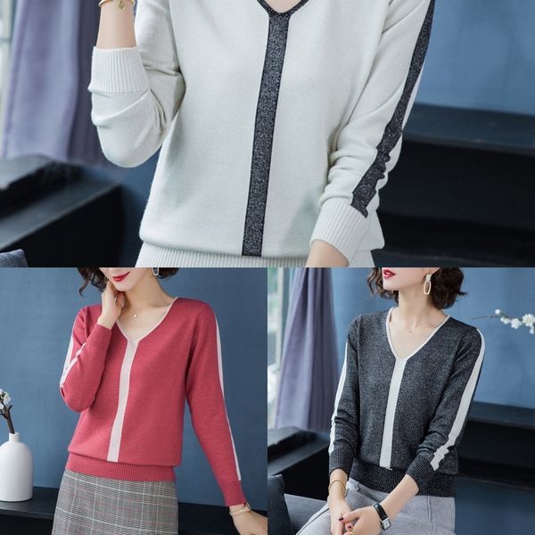 

autumn winter 2020 korean long sleeve bright silk sweatert- sweatert-shirt women's loose sweater looks thin new v-neck bottoming shi, White;black