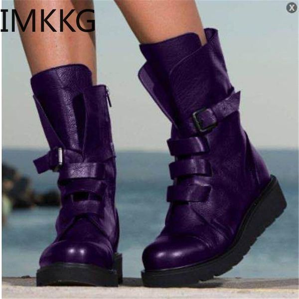 

autumn retro new ladies martin boots pu mid calf wedges shoes fashion buckle solid color women boots plus size 35-43, Black