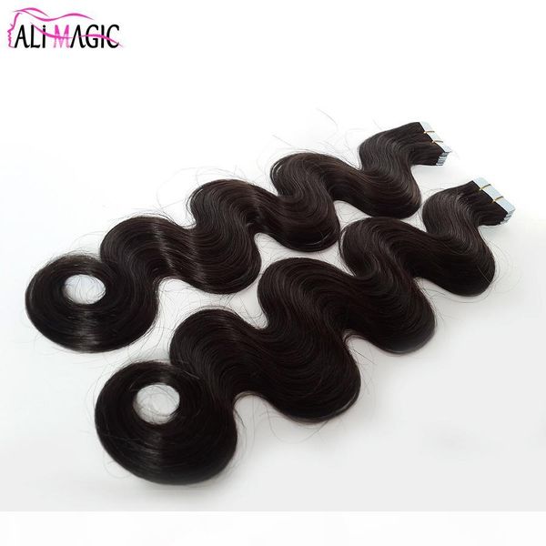 

invisible skin weft tape in hair extension brazilian body wave 100% real remy human hair wavy 100g 40pcs factory price, Black