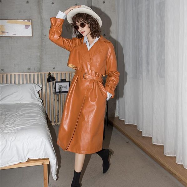 

women's trench coats autumn and winter casual leather long for women clothes 2021 pu trenches ladies, Tan;black