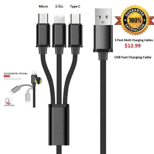 

3 pack fast 3 n 1 multi charging cable charger cord cell phone android iphone new fy7431