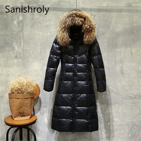 

sanishroly new winter women big fur collar hooded coat thicken white duck down jacket parka female long outerwear plus size s412 sh190913, Black