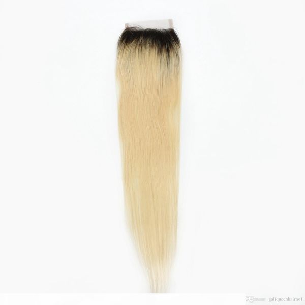 

platinum blonde ombre 1b 613 straight lace closure with baby hair bleached knots remy human hair 4x4 lace closures, Black;brown