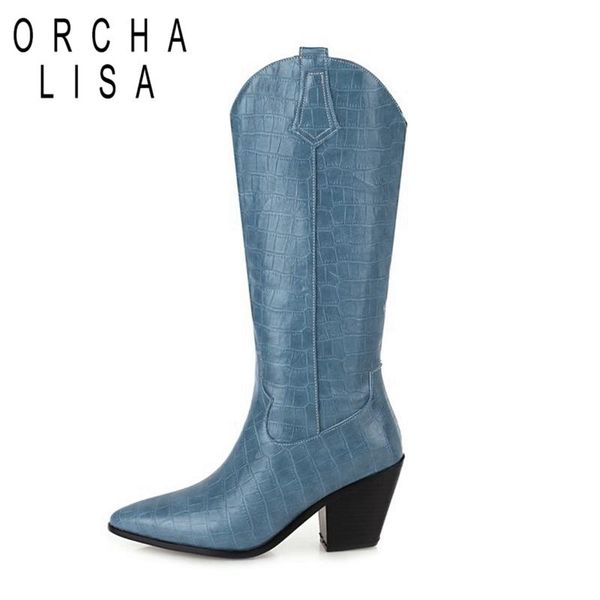 

orchalisa winter mid-calf boots pointed toe 7cm chunky heels slip-on slouchy big size 34-48 white yellow blue black casual c2059