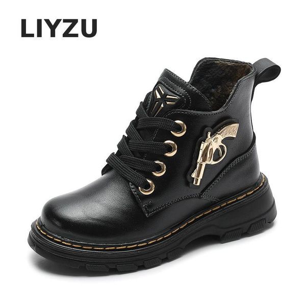 

kids genuine leather children shoes for boys fashion martin boots plush warm ankle casual non-slip sneakers winter, Black;red