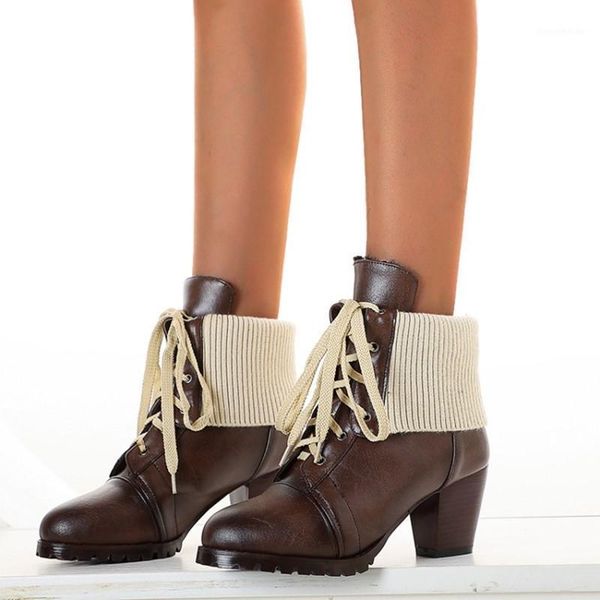 

boots women winter solid color round toe pu upper lace up patchwork chunky heel ladies ankle large size 48 short boots1, Black