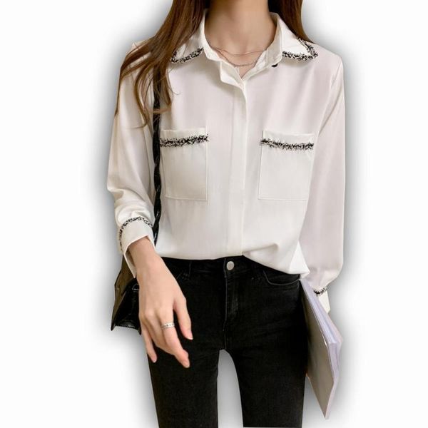 

foxmertor vintage chiffon blouse shirts women 2021 long sleeve white black beading autumn female blouses top