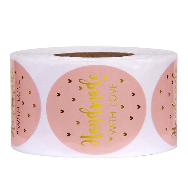 

stickers 500pcs handmade with 25mm love kraft paper pink round adhesive labels baking wedding party decoration