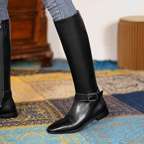 

2020 winter women long boots square toe black leather riding booties knee high flats motorcycle bottes femme side zip brown bota