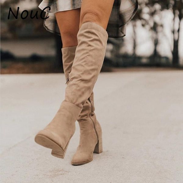 

boots nuoc women knee-high zipper ladies high heels suede shoes winter long botas mujer, Black