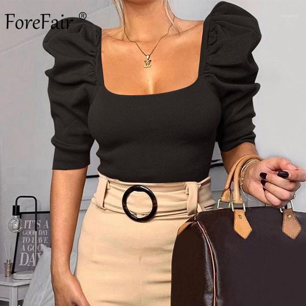 

forefair vintage puff sleeve women blouse square neck korean style elegant crop white black slim blouse women1