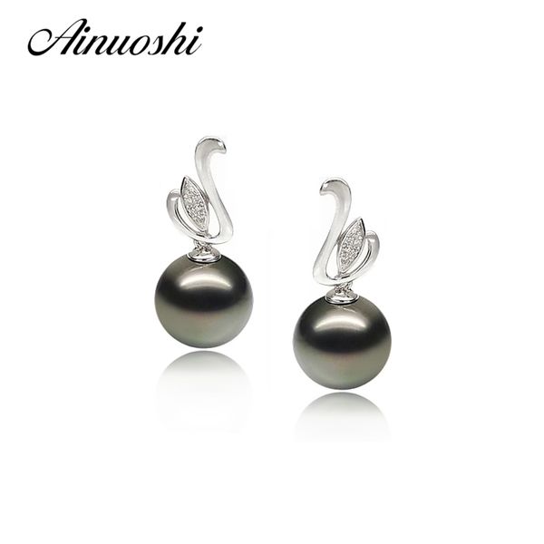 AINUOSHI Orecchini di perle a forma di foglie in argento sterling 925 9,5-10mm Orecchini a perno per amante di perle nere di Tahiti naturali Y200107