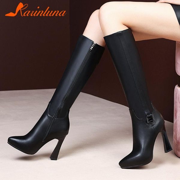 

karin large size 33-43 fashion brand design women shoes spike heels solid knee high boots zip autumn buckle straps, Black