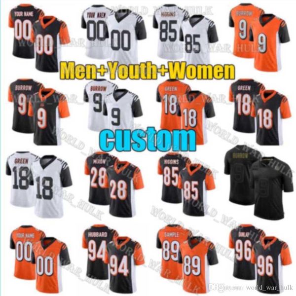 

mens women cincinnati bengals youth 9 joe burrow jersey 28 joe mixon 18 a.j. green 85 tee higgins black orange football jerseys, Black;red