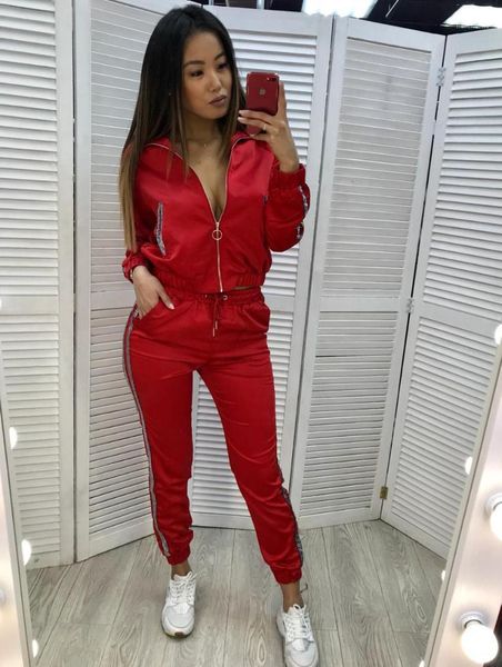 

yoga outfits women sets two piece set tracksuit autumn clothes 2021 reflective side strip patchwork short jacket and pants jogger suit o, White;red