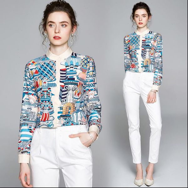 

simgent office blouse fashion casual elegant women long sleeve stand collar printing shirt mujer sg005064, White