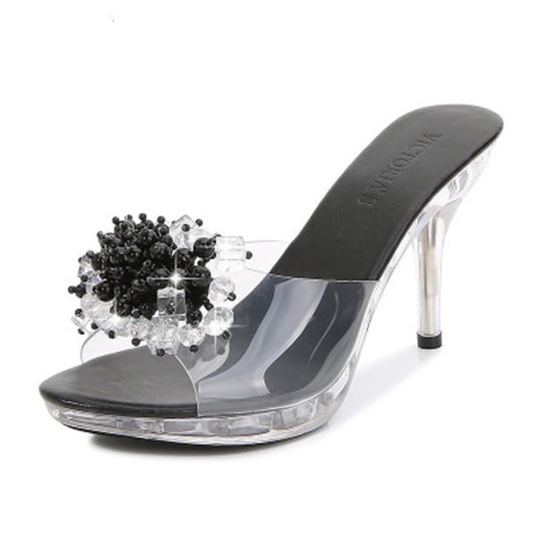 

new summer 2021 shoes women's flip-flop crystal 9cm high leaves of lady flip chinese sandals from transparent jelly plus b371, Black